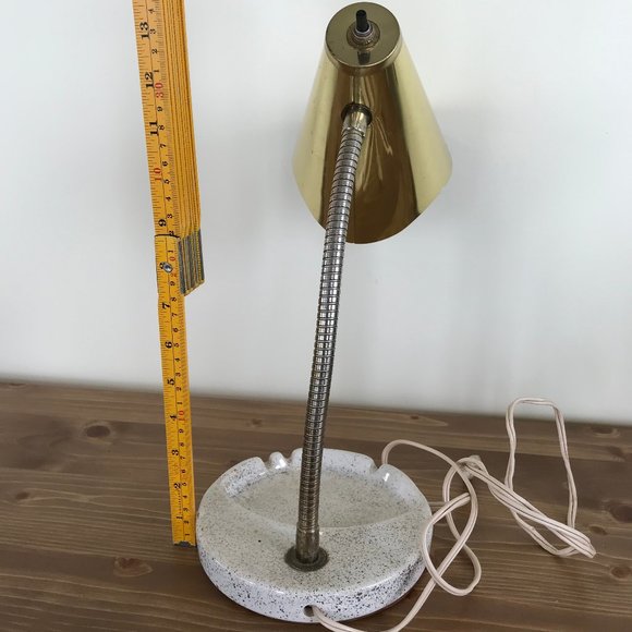 Brass Bullet Lamp with Ceramic Ashtray Base Vintage MCM Gooseneck Lamp - Picture 5 of 13